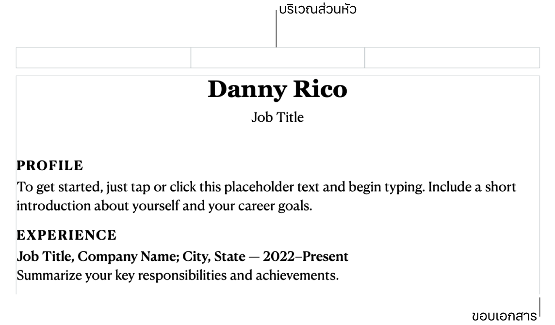 มุมมองเค้าโครงที่แสดงพื้นที่หัวกระดาษและระยะขอบของเอกสาร