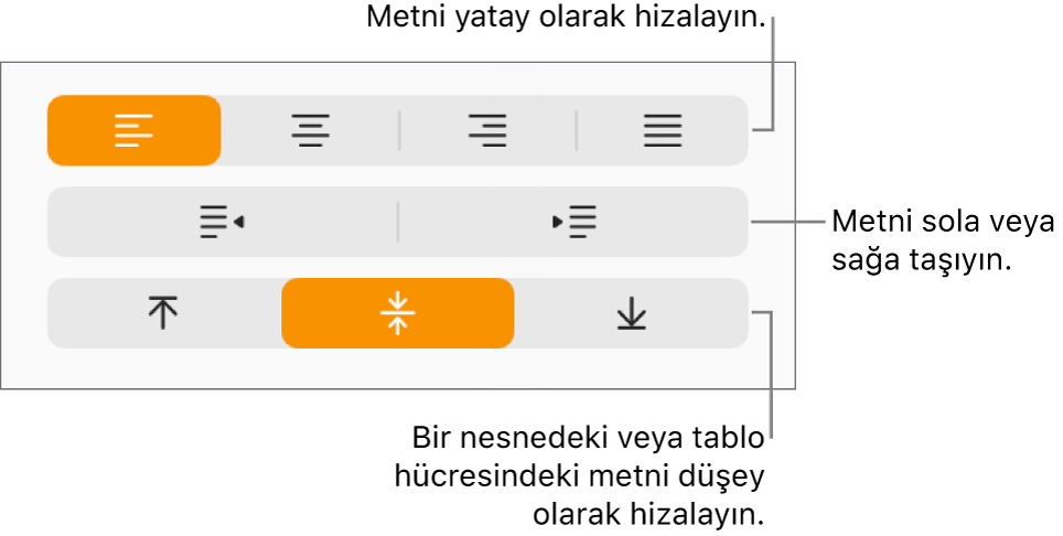 Biçim denetçisinde metni hizalamaya ilişkin düğmeleri içeren Hizalama bölümü.