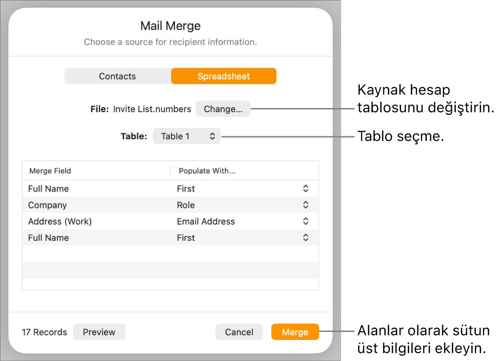 Kaynak dosyayı veya tabloyu değiştirme, birleştirme alanı adlarını önizleme ya da sütun üst bilgilerini alan olarak ekleme seçenekleri ile Birleştirme Alanlarını Önizlemesini Göster bölümü açık.