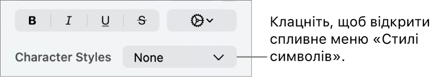 Спливне меню «Стилі символів» під елементами керування для змінення стилю й кольору тексту.