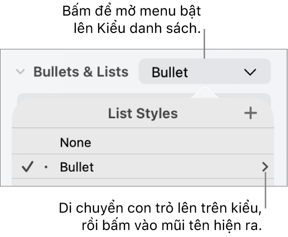 Menu bật lên Kiểu danh sách với một kiểu được chọn và một mũi tên ở phía xa bên phải.