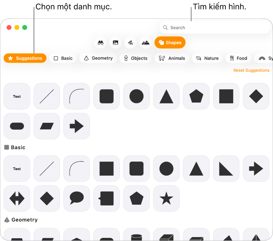 Thư viện hình dạng, với các danh mục được liệt kê ở bên trái và các hình được hiển thị ở bên phải. Bạn có thể sử dụng trường tìm kiếm ở trên cùng để tìm các hình và cuộn để xem thêm.