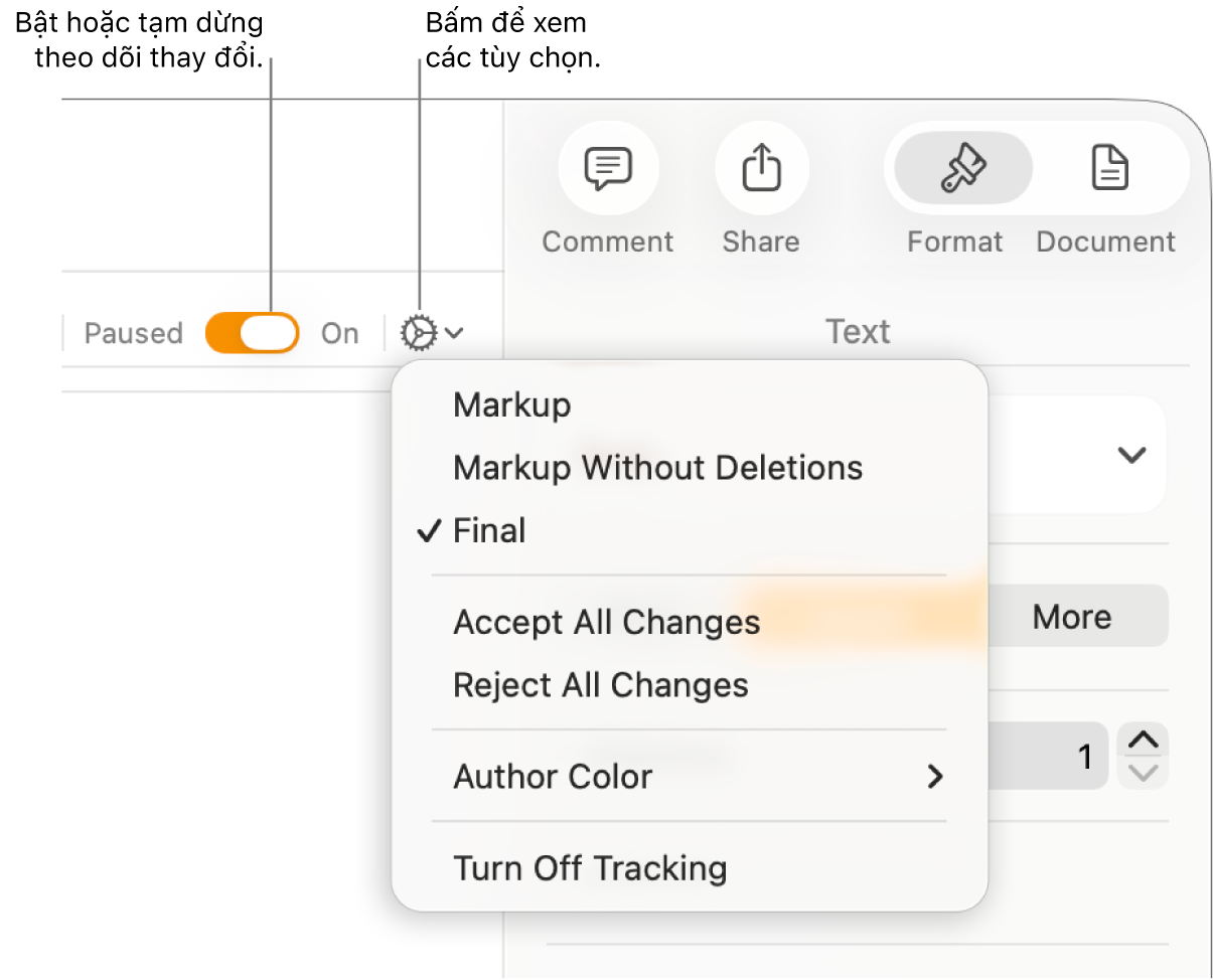 Menu tùy chọn theo dõi hiển thị Tắt theo dõi ở cuối và các lời nhắc đến nút Bật theo dõi và Tạm dừng.