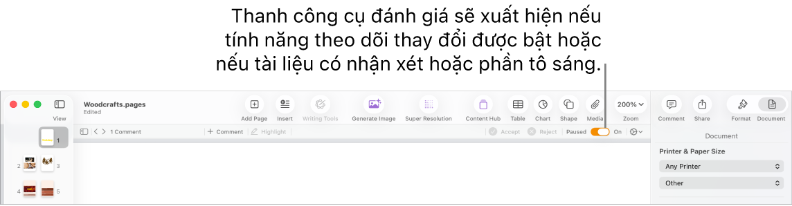 Thanh công cụ Pages với theo dõi thay đổi được bật và thanh công cụ kiểm tra bên dưới thanh công cụ Pages.