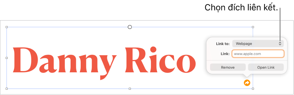 Các điều khiển của trình sửa liên kết với Trang web được chọn và các nút Xóa và Mở liên kết nằm ở cuối.