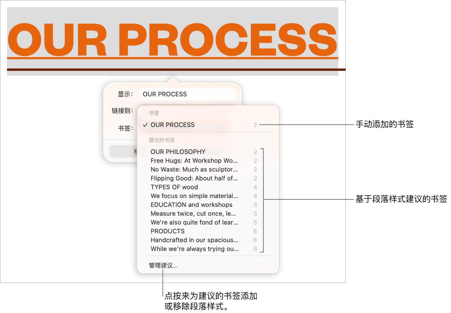 书签列表,其中手动添加的书签位于上方,建议的书签位于下方。“管理建议”选项位于底部。