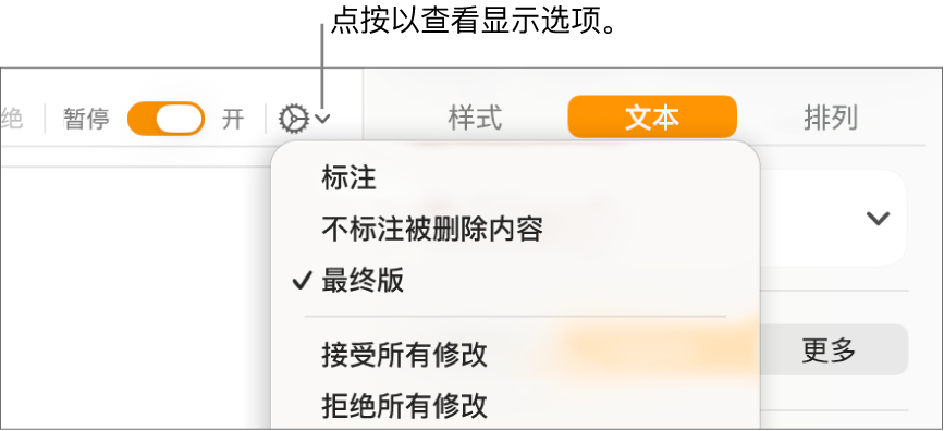 显示“标注”、“不标注被删除内容”和“最终版”的审阅选项菜单。