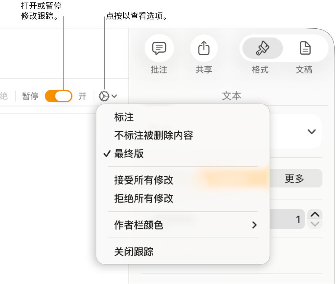 在底部显示“关闭跟踪”和显示“跟踪已打开”和“暂停”按钮矩形标注框的“跟踪”选项菜单。
