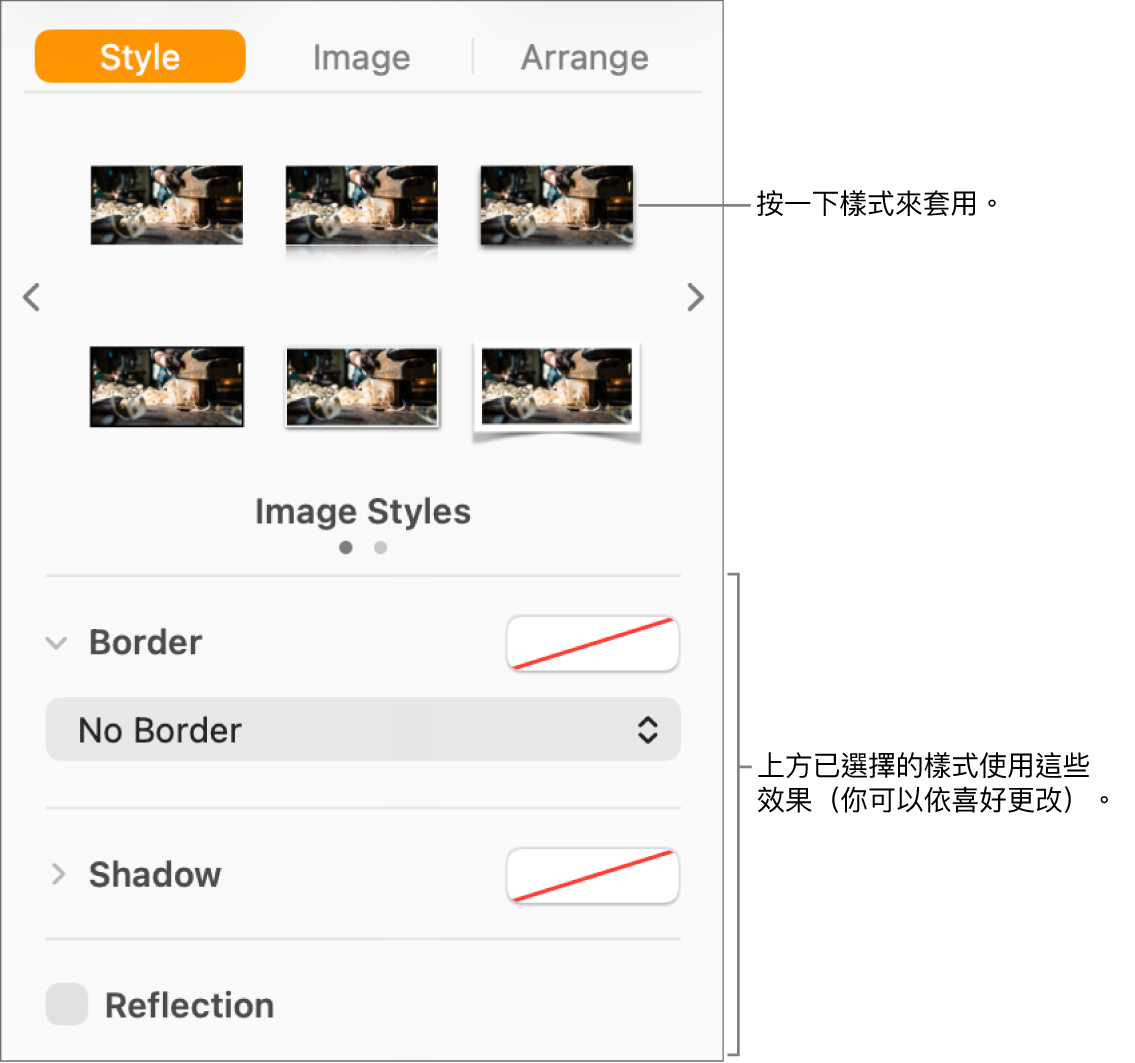 「格式」側邊欄的「樣式」分頁,其中顯示物件樣式的選項。