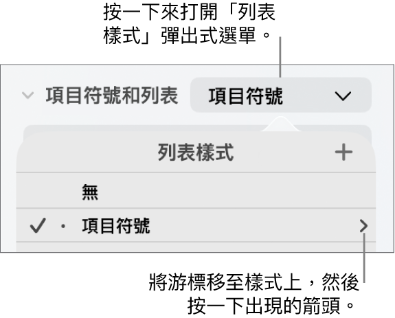 「列表樣式」彈出式選單，其中包含一個已選取的樣式，右方有一個箭頭。