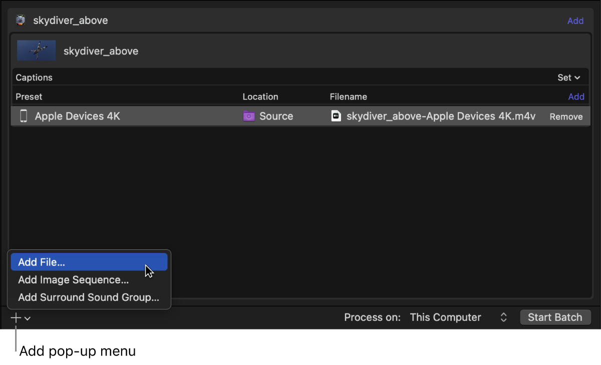 Der Stapelbereich von Compressor mit geöffnetem Einblendmenü „Hinzufügen“.