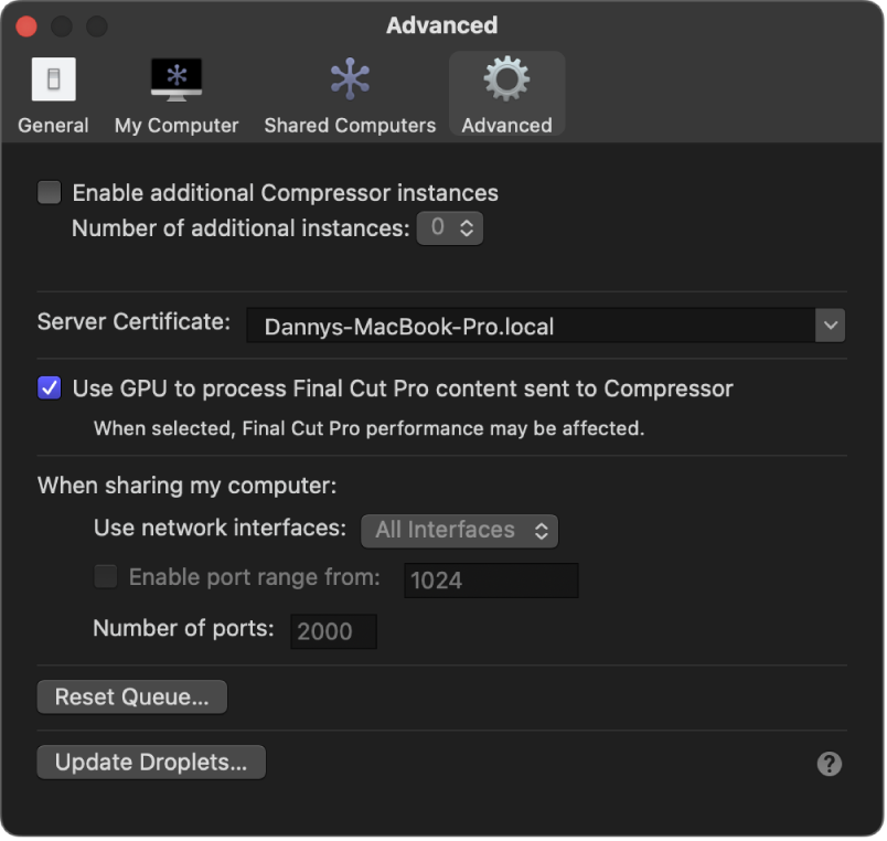 The Advanced settings window in Compressor.