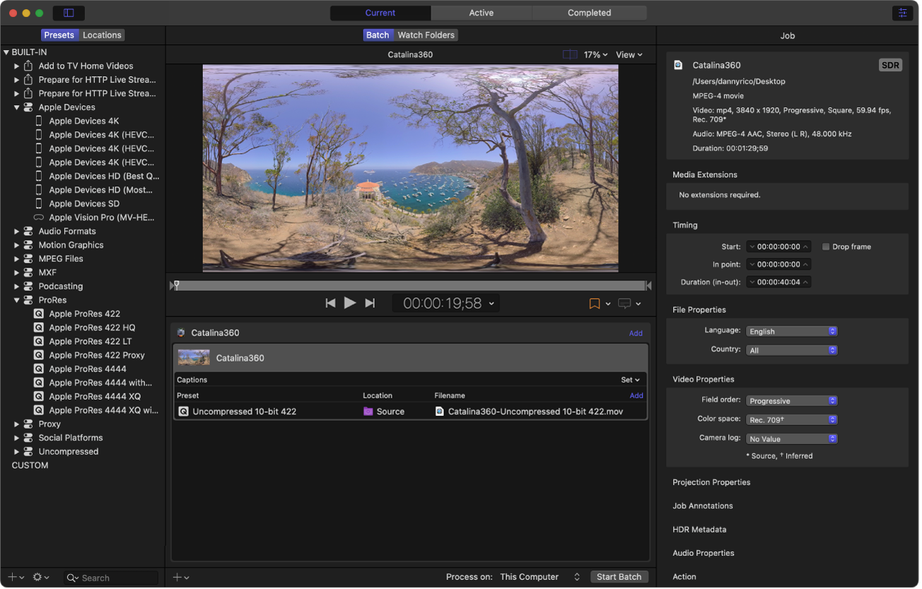 The Compressor window showing a 360° source file.