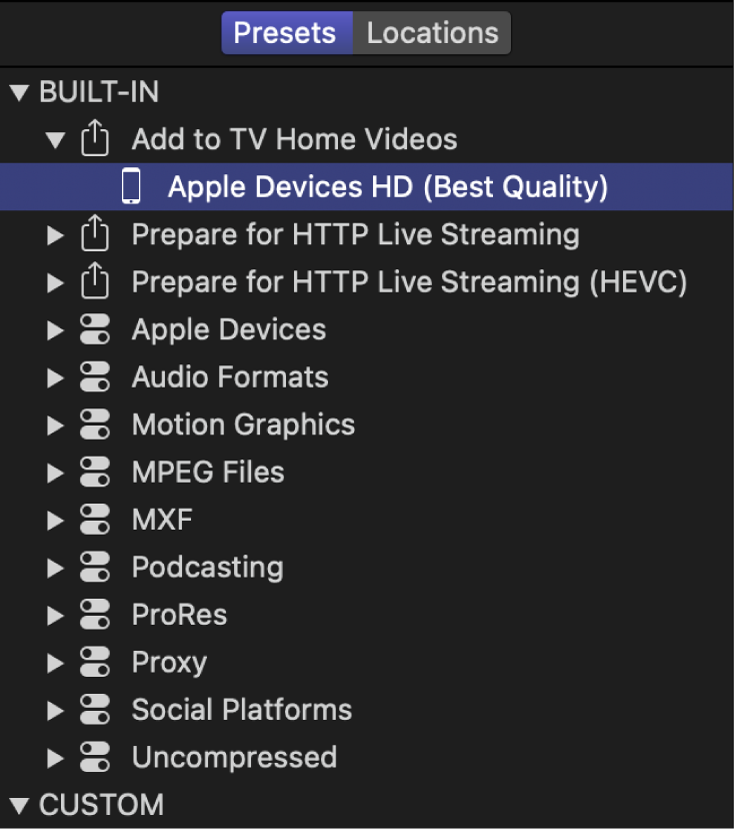 A built-in preset selected in the Presets pane of Compressor.