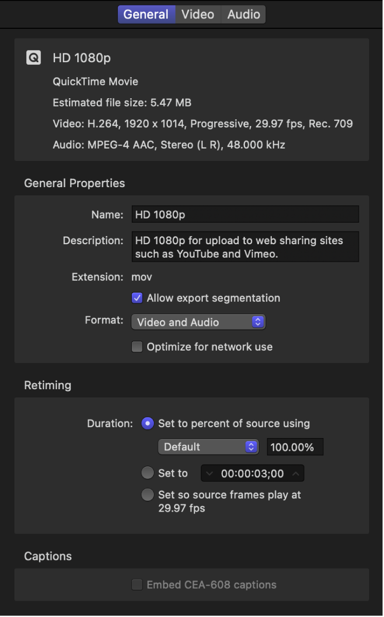 Panel del inspector de Compressor con las propiedades generales de un preajuste “HD 1080p”.