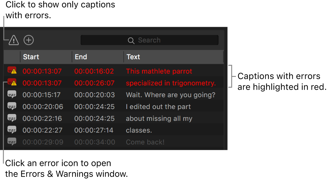 El inspector de subtítulos de Compressor con una lista de subtítulos con errores resaltados en rojo.