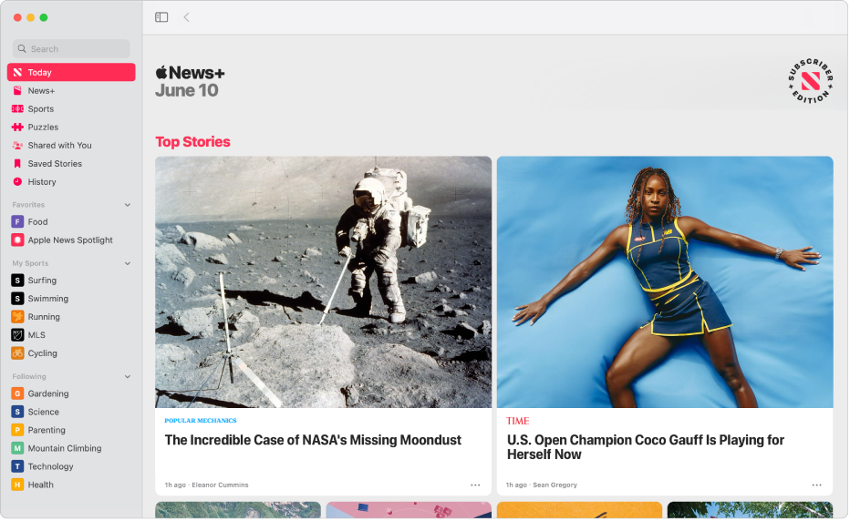 The Apple News window with the sidebar on the left and Top Stories on the right.