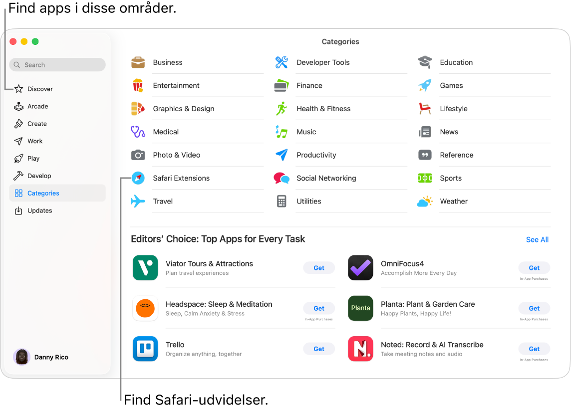 Siden med Kategorier i Mac App Store. Indholdsoversigten til venstre indeholder også links til andre sider: Opdag, Arcade, Kreativitet, Arbejde, Spil, Udvikler og Opdateringer.