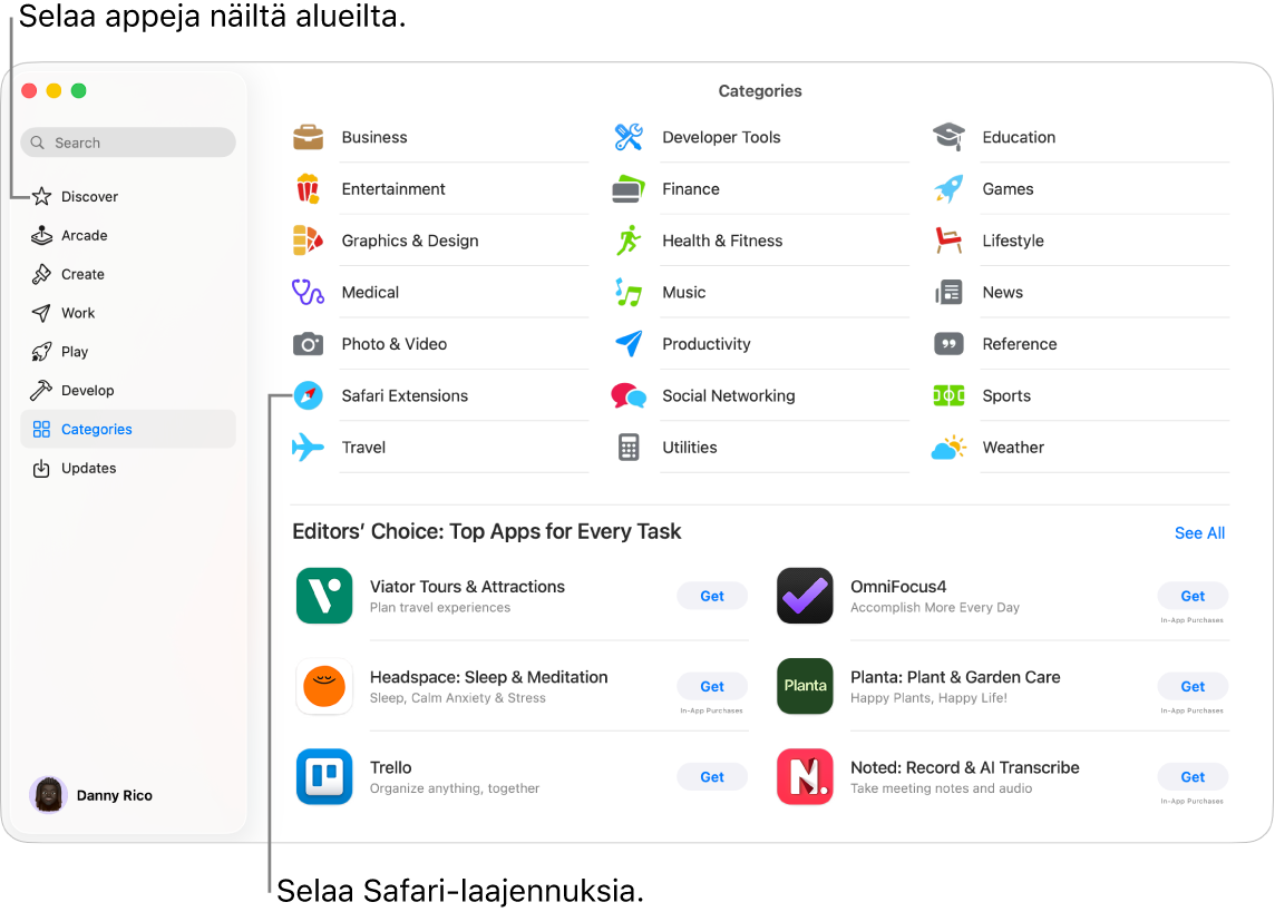 Mac App Storen Kategoriat-sivu. Vasemmalla oleva sivupalkki sisältää myös linkkejä muihin sivuihin: Löydöt, Arcade, Luovuus, Hyöty, Pelit, Kehitys ja Päivitykset.