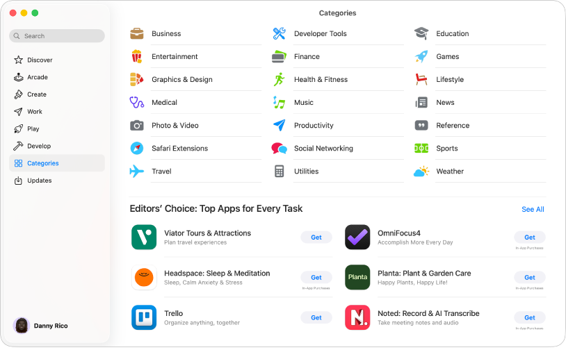 La page Catégories du Mac App Store. La barre latérale située à gauche comprend également des liens vers d’autres pages : Découvrir, Arcade, Créer, Travailler, Jouer, Développer et Mises à jour.
