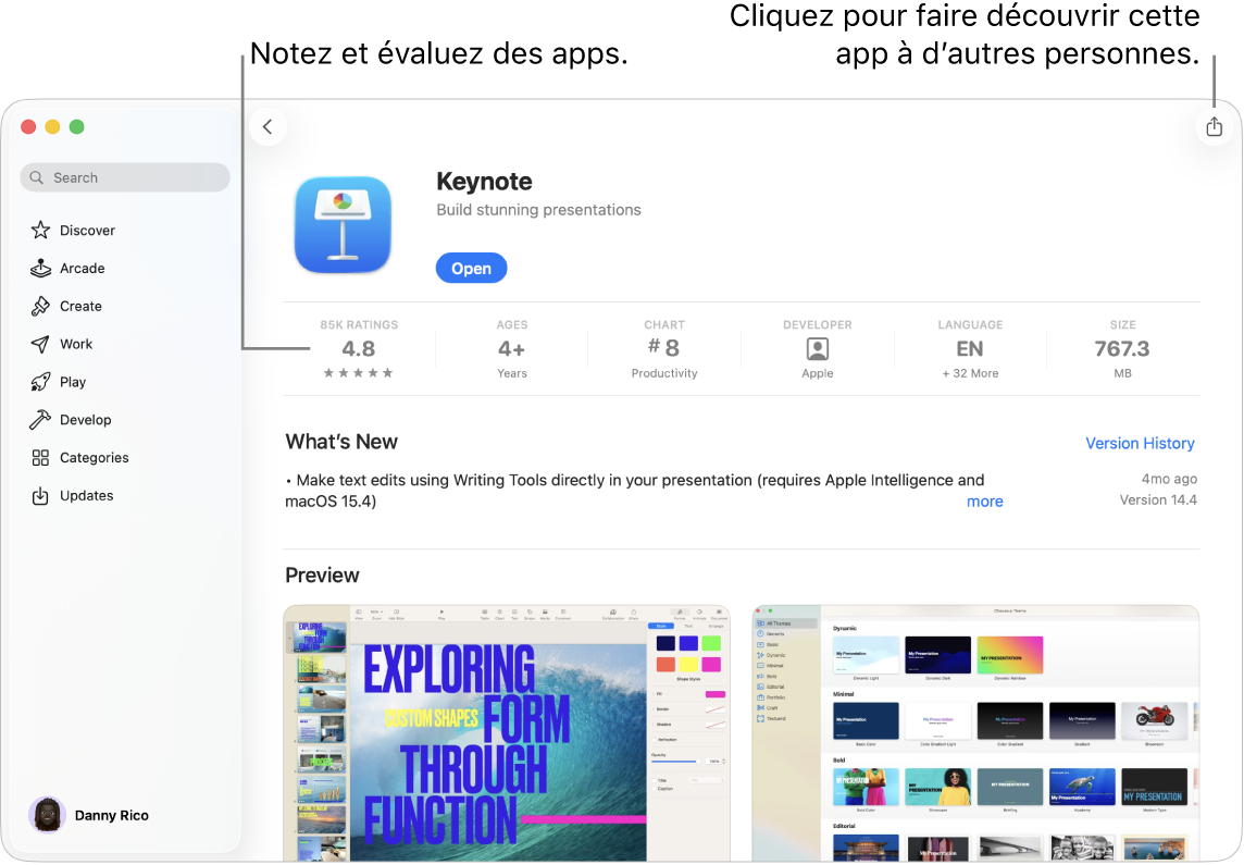 La page de description de l’app Keynote dans l’App Store sur Mac.