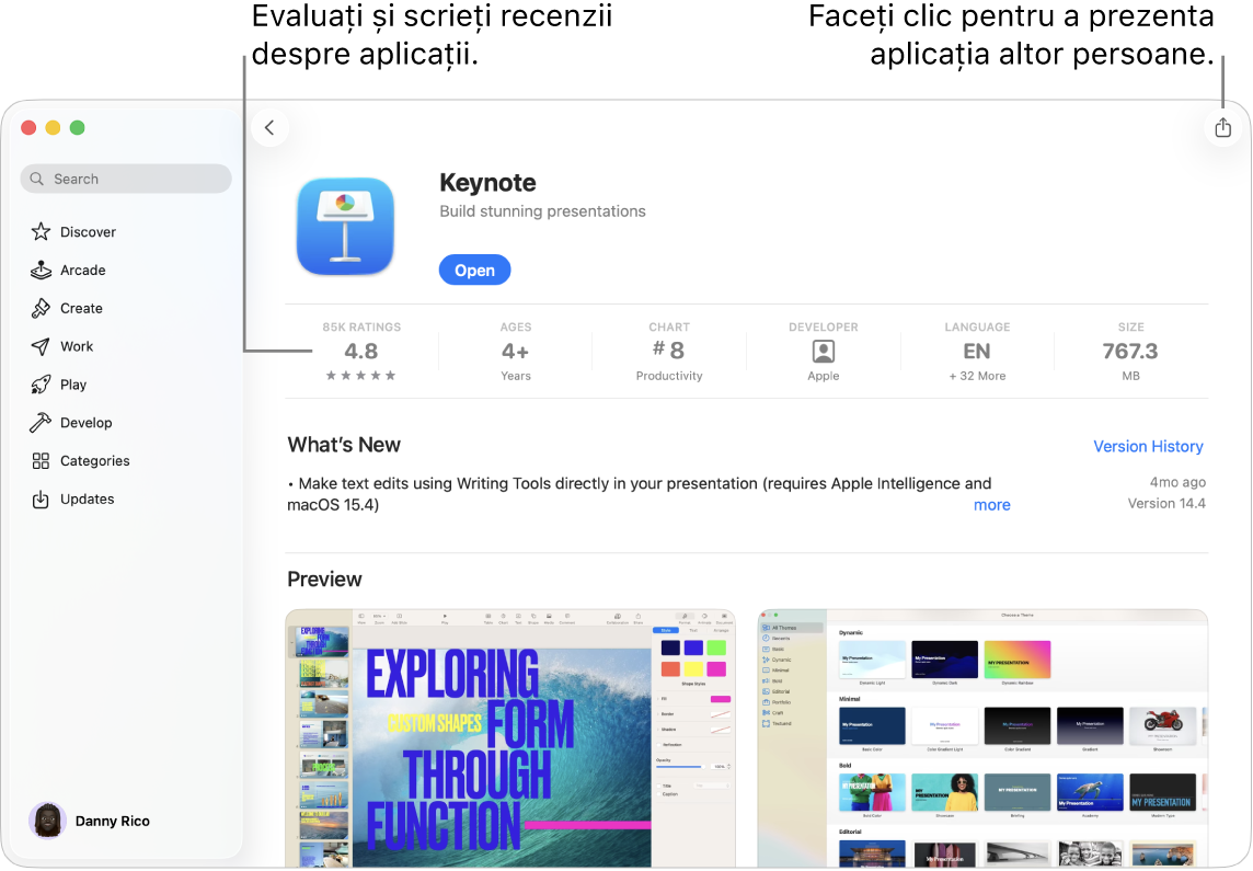 Pagina de descriere a aplicației Keynote din App Store pe Mac.