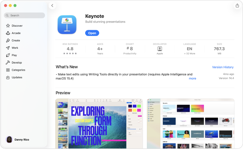 Stran z opisom aplikacije Keynote v trgovini App Store v Macu.