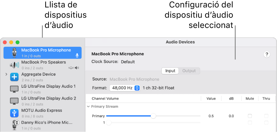 Finestra de dispositius d’àudio.