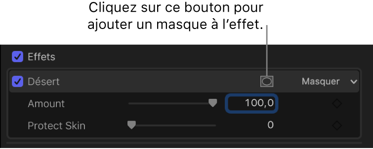 Section Effets de l’inspecteur vidéo avec le bouton « Appliquer des masques d’effet » d’un effet