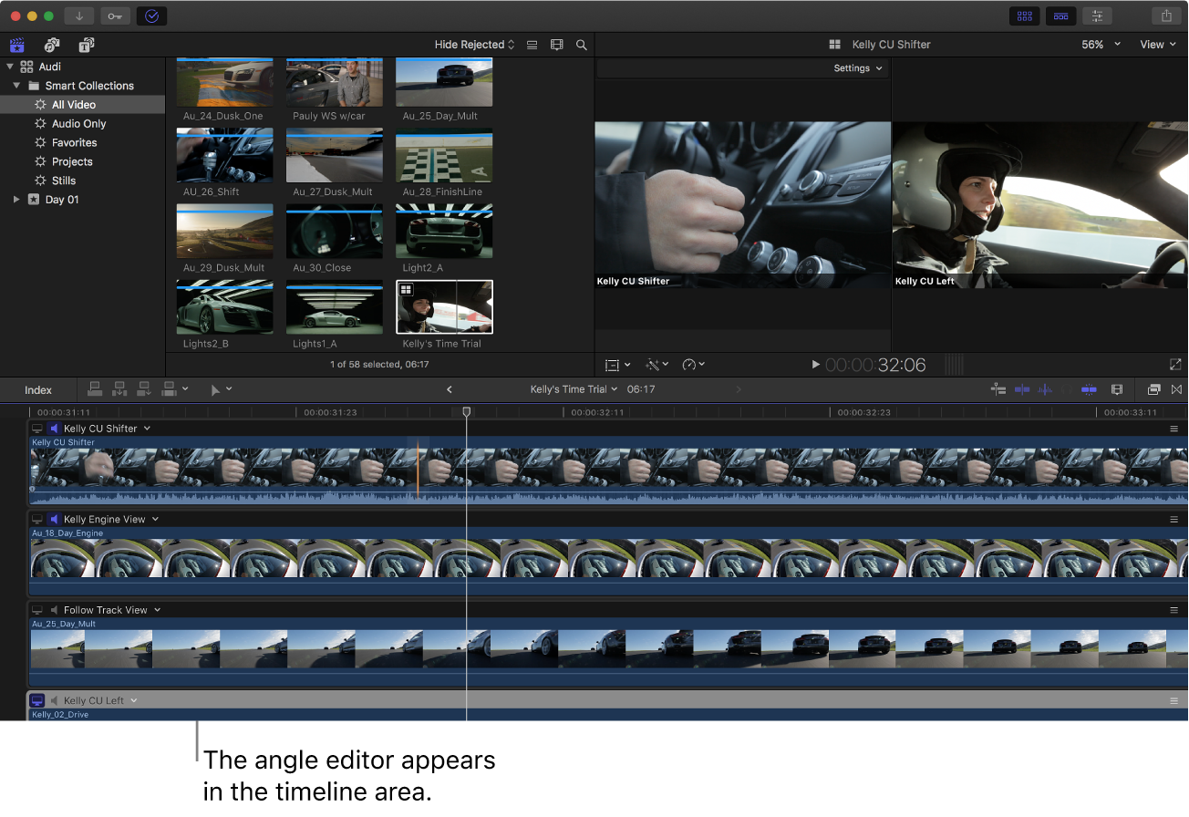 Final Cut Pro 窗口,其中角度编辑器显示在时间线区域中