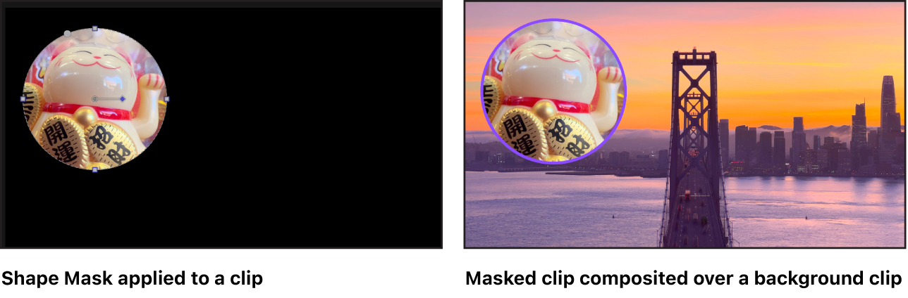 Ein direkter Vergleich zeigt eine kreisförmige Formmaske, die auf einen Clip angewendet wurde, und den maskierten Clip in Kombination mit einem Hintergrundclip.