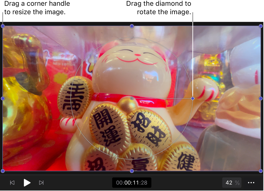 Onscreen transform controls in the viewer, including resize handles and the rotation handle.
