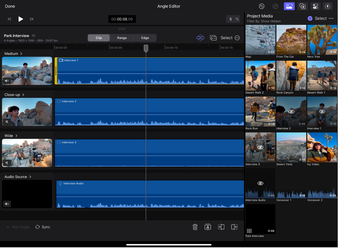 El editor de ángulo con los clips que contiene un ángulo en distintas líneas y el explorador a la derecha.