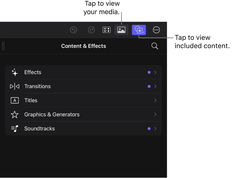 Los botones “Explorador de contenido” y “Content Browser” de la barra de herramientas, con el botón “Content Browser” seleccionado y el explorador debajo, donde se muestran efectos de vídeo.