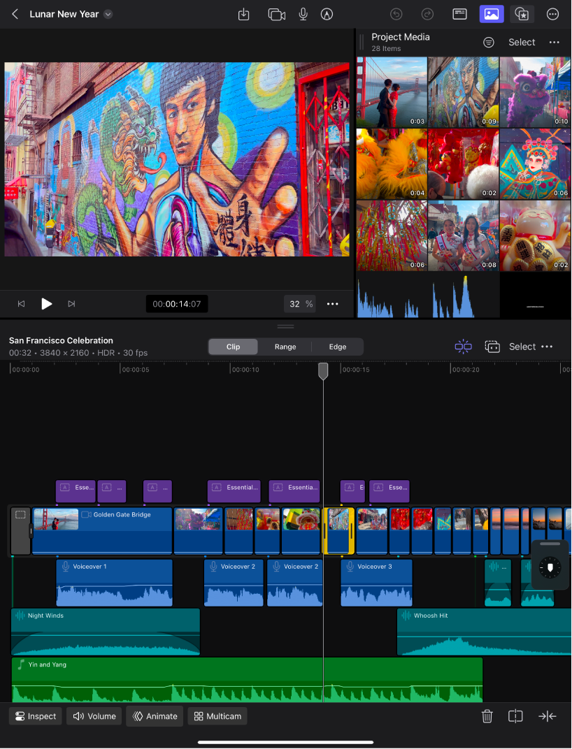 La pantalla Editar de Final Cut Pro en orientación vertical.