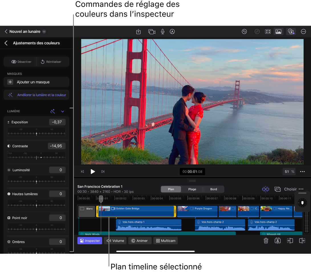 Un plan sélectionné dans la timeline, et l’inspecteur ouvert sur la gauche montrant les commandes d’ajustement des couleurs.