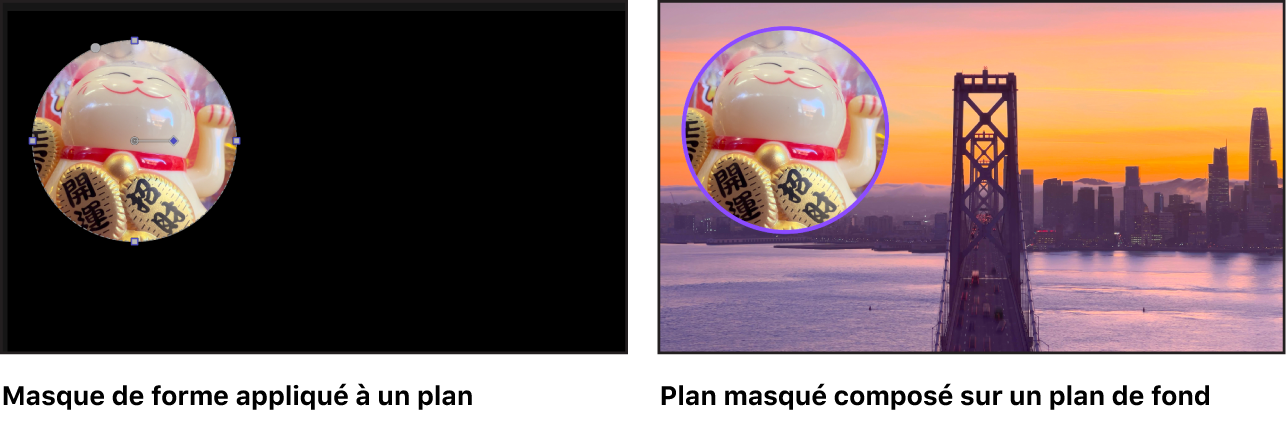 Une comparaison côte à côte montrant un masque de forme circulaire appliqué à un plan et le plan masqué combiné à un plan d’arrière-plan.