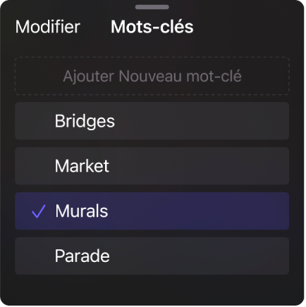 Liste de mots-clés affichant les mots-clés actuels et un champ destiné à l’ajout de nouveaux mots-clés.