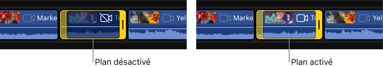 Le même plan désactivé et activé dans la timeline.