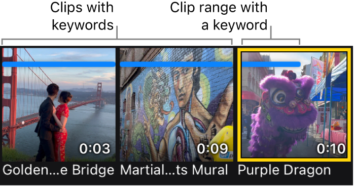 メディアブラウザのサムネール。クリップにキーワードが追加されていることを示す水平の青いバーが上部にあるクリップが表示されています。