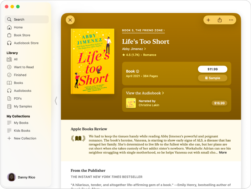 Okno s titulem knihy ve vyhledávacím poli na levé straně. Vpravo se zobrazuje stránka knihy s volbami pro zakoupení knihy či audioknihy nebo pro čtení ukázky. V okně jsou vidět také recenze a poznámka vydavatele.