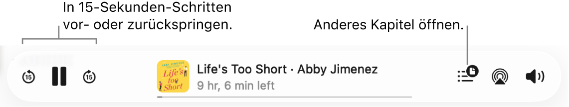 Der Hörbuch-Player in Apple Books mit (von links nach rechts) den Tasten „Zurückspringen“, „Pause“ und „Vorspringen“, Titel und Autor:in des gerade wiedergegebenen Hörbuchs, der Taste „Inhaltsverzeichnis“, der AirPlay-Taste und der Taste „Lautstärke“.