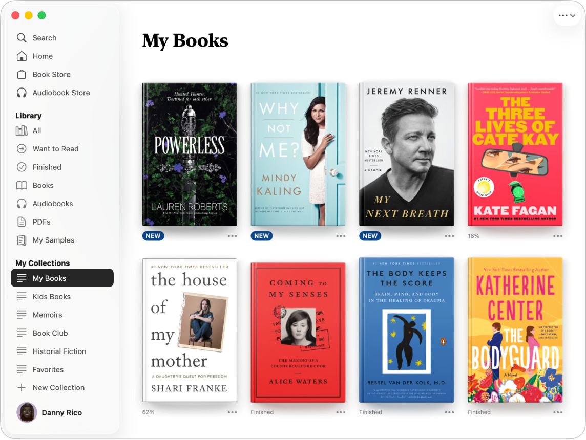 Ein Fenster der App „Bücher“ mit der in der Seitenleiste markierten „Meine Bücher“-Sammlung sowie alle Titel aus dieser Sammlung auf der rechten Seite.