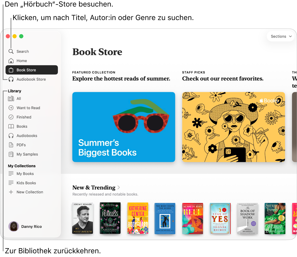 Das Hauptfenster des Book Store. Auf der linken Seite befindet sich die Seitenleiste. Oben in der Seitenleiste ist das Suchfeld, das du verwenden kannst, um nach Büchern und Hörbüchern zu suchen.