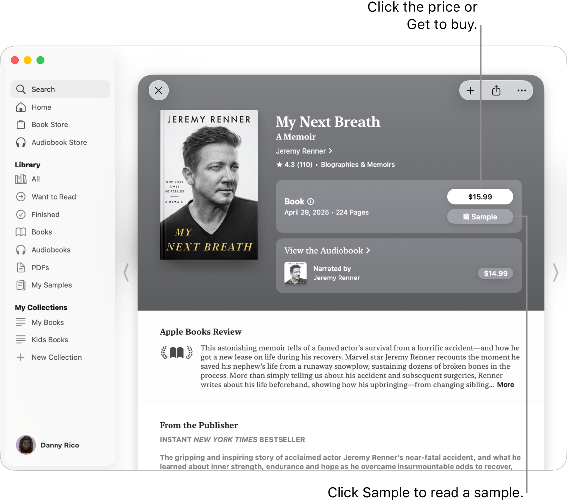 A window showing a book in the Book Store of the Books app. On the right, the book’s page is displayed with options to buy the book or audiobook, or read a sample. The window also shows reviews and a note from the publisher.
