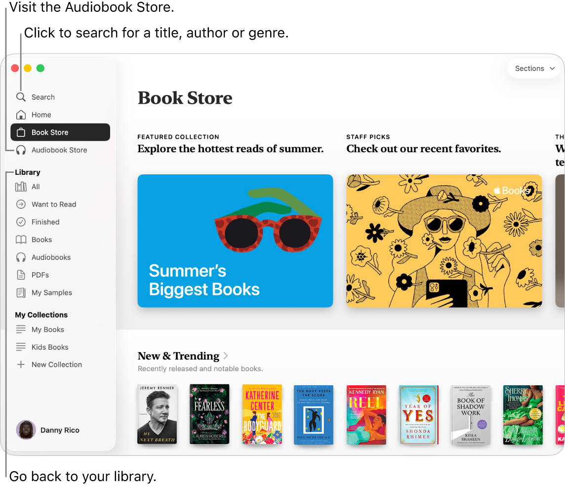 The main window of the Book Store. On the left is the sidebar. The search field, which you can use to search for books and audiobooks, is at the top of the sidebar.