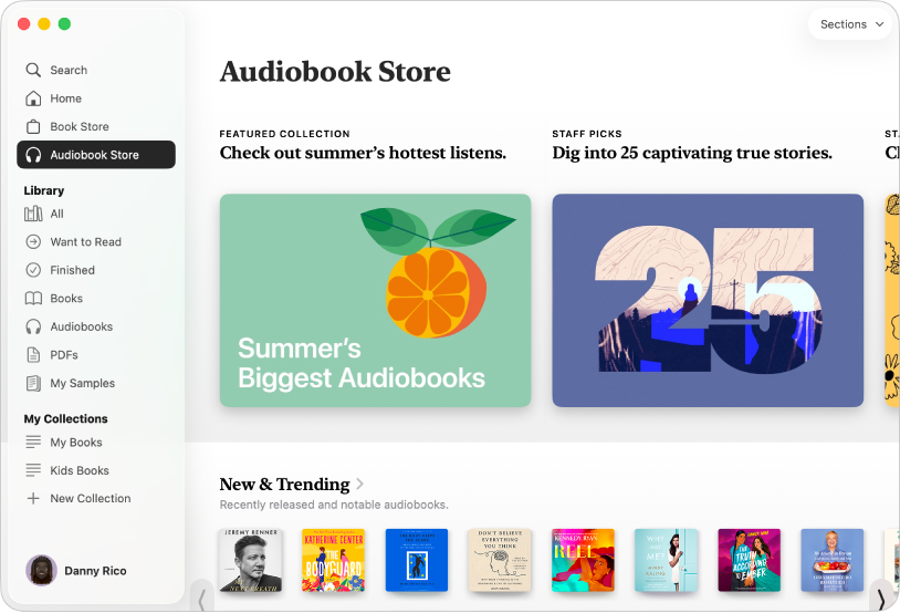Una ventana de la app Libros con la tienda de audiolibros seleccionada en la barra lateral y categorías de títulos a la derecha, que incluyen los títulos nuevos y populares.