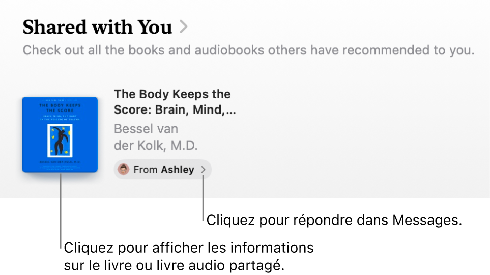 Un écran montrant un livre dans la section Partagé avec vous.