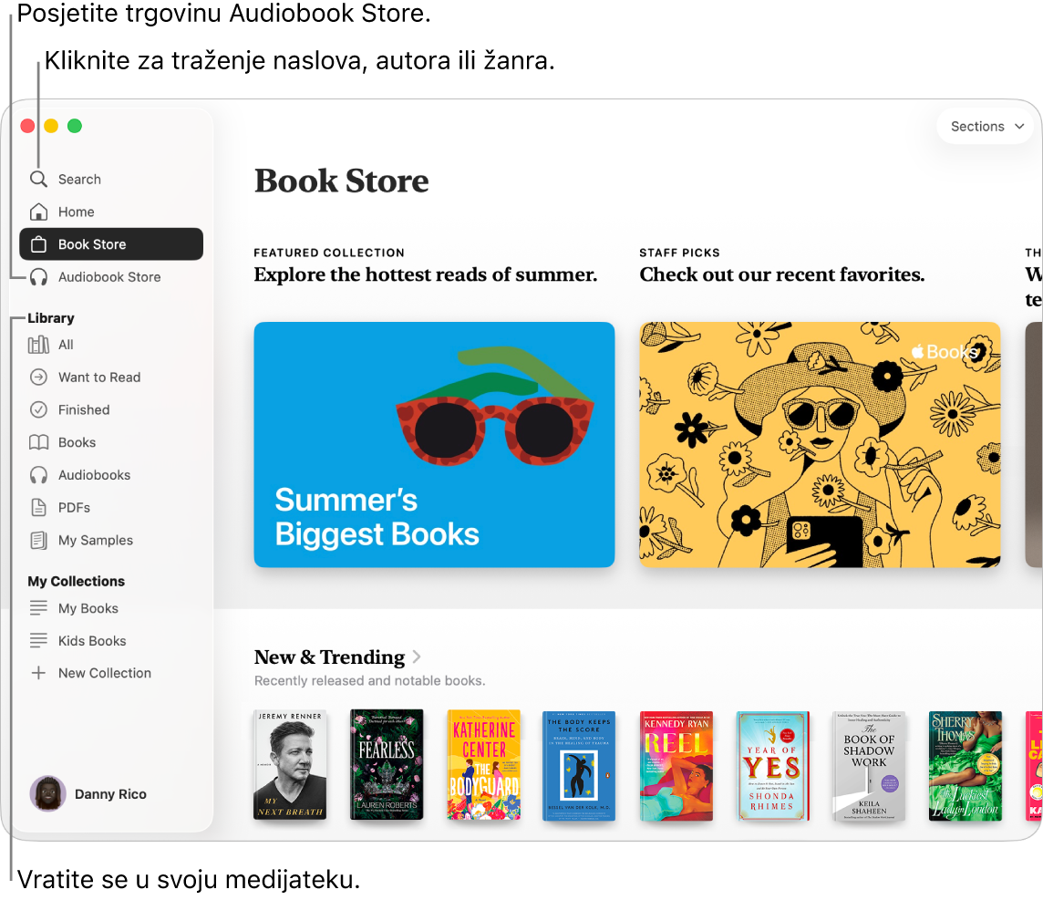 Glavni prozor usluge Book Store. S lijeve se strane nalazi rubni stupac. Polje za pretraživanje, koje možete koristiti za pretraživanje knjiga i audio knjiga, nalazi se na vrhu rubnog stupca.