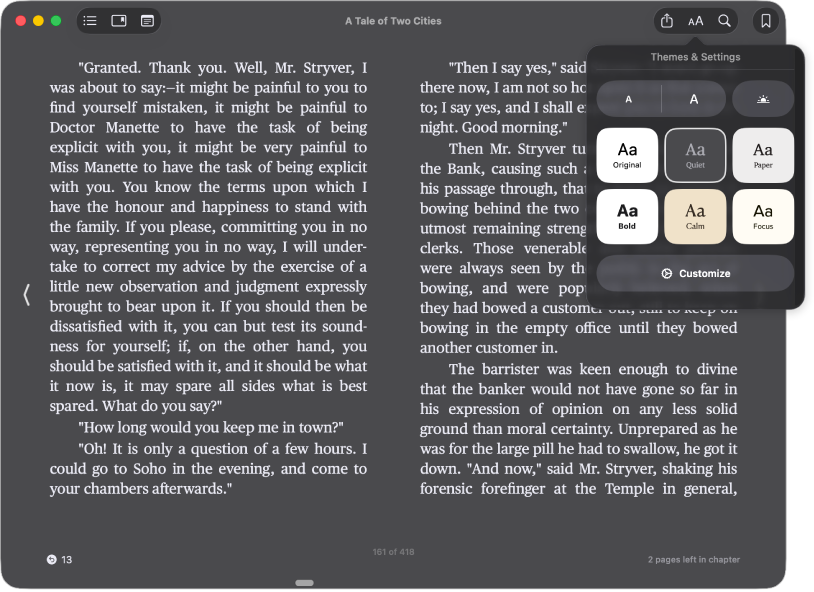 Un libro con una visualizzazione personalizzata e il menu relativo all’aspetto che mostra i valori selezionati per la dimensione del testo, il colore di sfondo e il font.